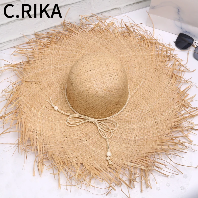 Натуральная большая женская летняя широкая широкополая шляпа с кантом рафия