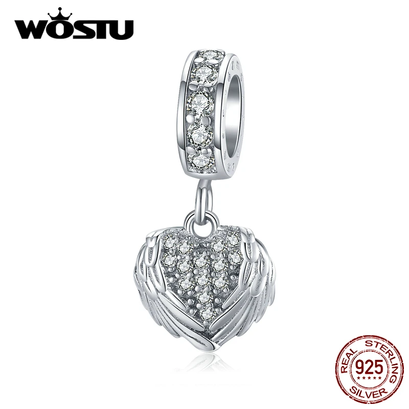 WOSTU 100% Стерлинговое Серебро 925 пробы крылья сердца амулеты циркониевые бусины