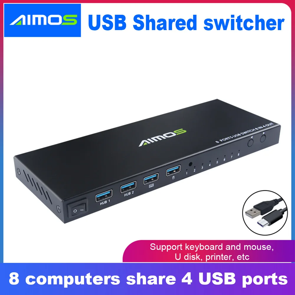 

AIMOS-KM804 USB2.0 Shared Switcher 4 USB Devices 8 in 4 out Switcher Box for Keyboard Mouse Printer U Disk 8 Computers Sharing