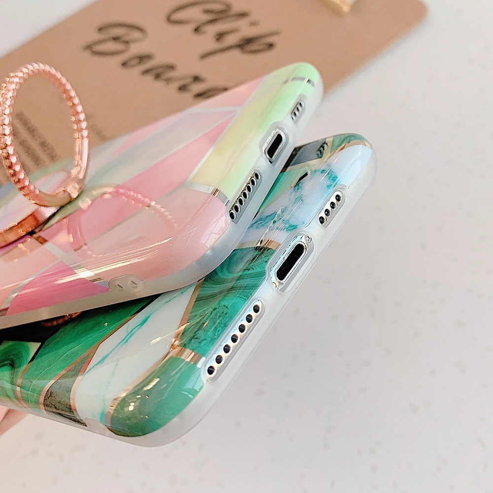 Green Geometric Marble Metalic Ring Phone Case For Samsung A51 A50 Note 10 8 9 S8 S9 S10 Plus Soft IMD Plated Cover | Мобильные