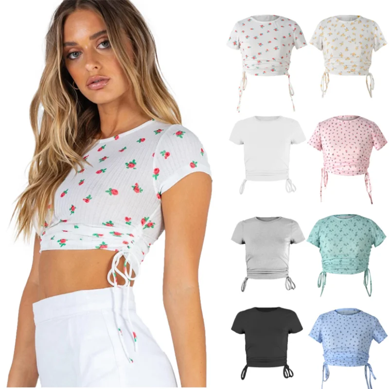 

New Summer Printed Short Sleeved T-Shirt Women Drawstring Cropped Round Neck Short Top Cotton Casual Top Women's Clothing