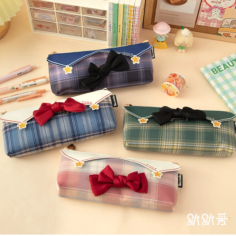 

Клетчатый чехол JK для карандашей, Женский Большой Вместительный школьный чехол с японским бантом, чехол для школьной ручки, милая Фотосумка...
