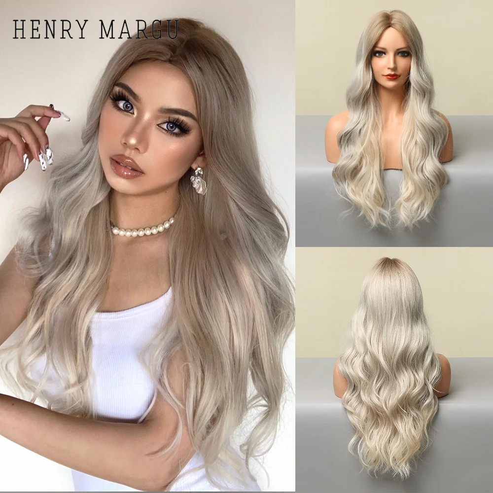 

HENRY MARGU Long Wavy Synthetic Wig for Women Ombre Brown Platinum Blonde Grey Mixed Wig Middle Part Heat Resistant Cosplay Hair