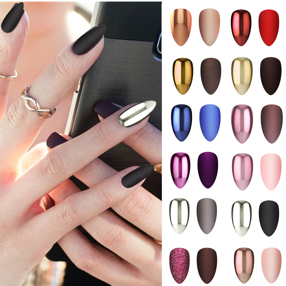 

24 Pcs Fake Nails Solid Color Matte and Shiny Metal Plating Reflective Long Nail Tips for Women Nail Art Decorations Tools