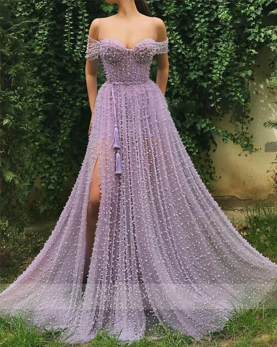 

Handmade Heavy Pearls Sweetheart A-line Lilac Prom Dresses 2020 High Slit Women Formal Evening Gowns robes de soirée