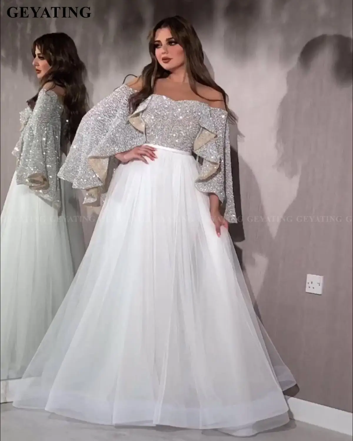 Женское вечернее платье с серебряными блестками белое Элегантное Длинное в