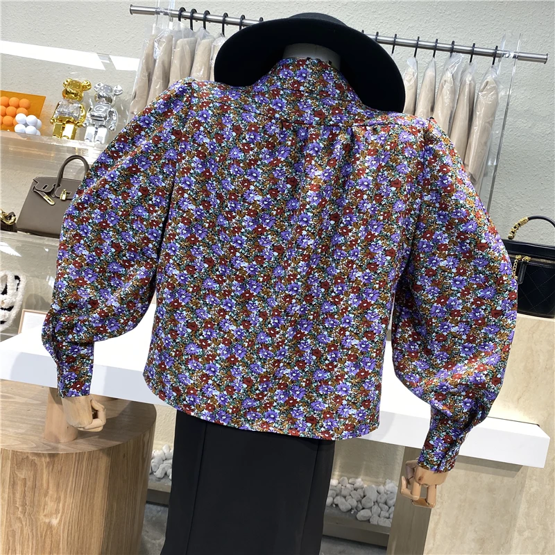 

Lantern Sleeve Lapel Floral Shirt for Women Fashion Double Breasted Loose Sweet Top Female Long Sleeve Suit Collar Shirt Blouse