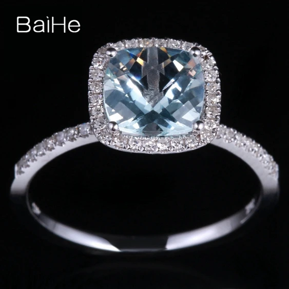 BAIHE Solid 14K белое золото около 1.2ct сертифицированная Подушка CUT Натуральный аквамарин свадебные женские ювелирные изделия уникальный подарок кольцо