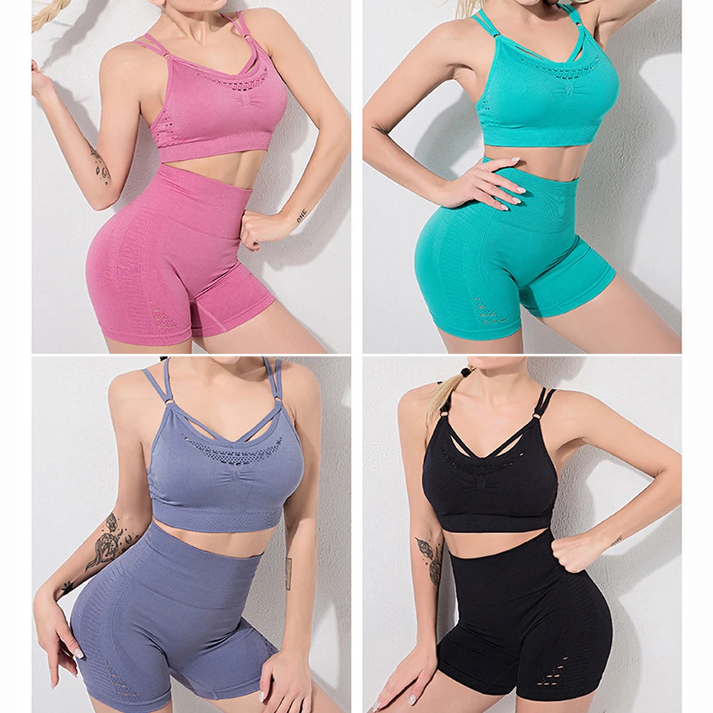 Женский спортивный костюм для йоги летний бесшовный комплект с шортами высокой