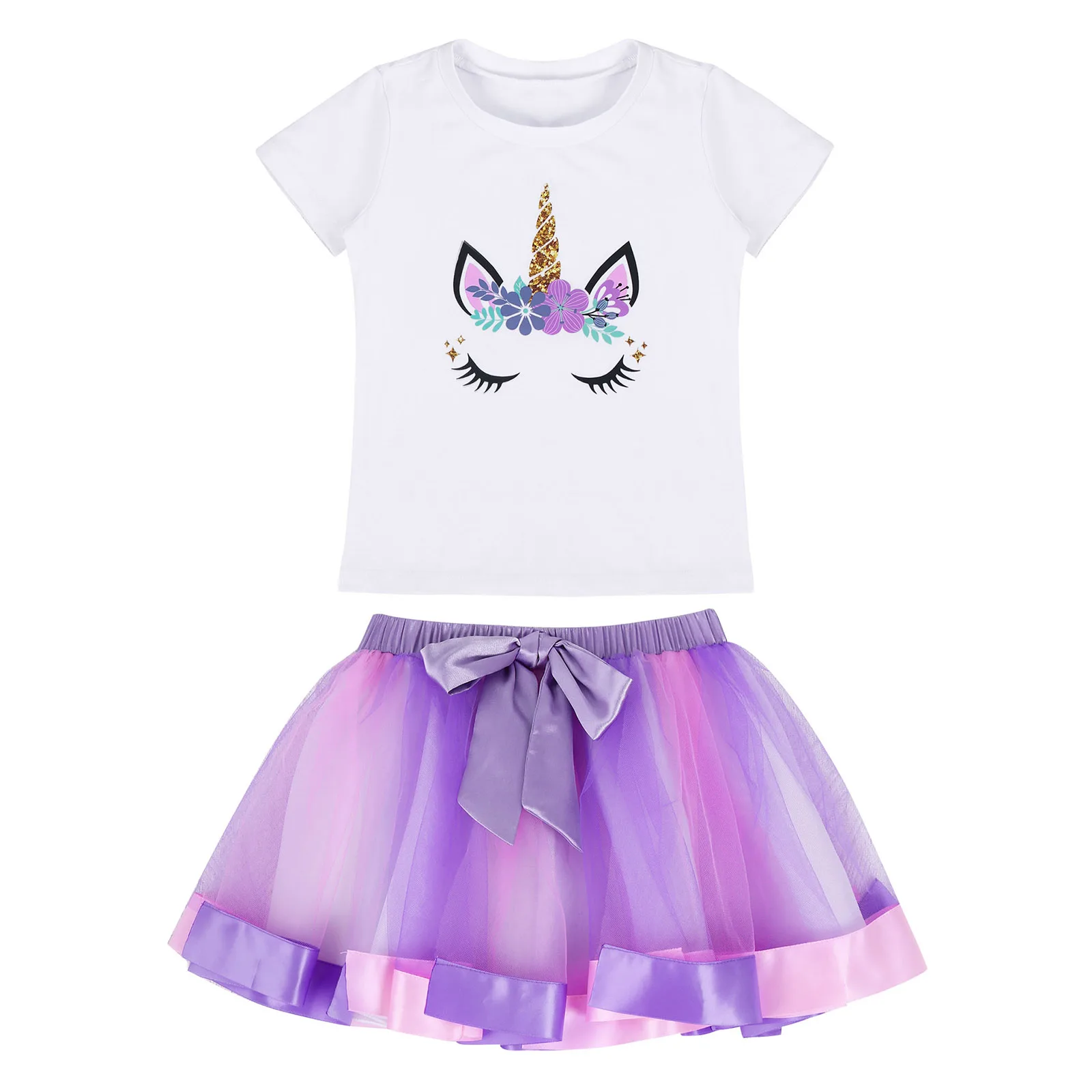 

Kids Girls Cute Suit Round Neck Short Sleeves Cartoon Horse Print T-shirt with Mesh Tutu Skirt Set for Cosplay Birthday Party