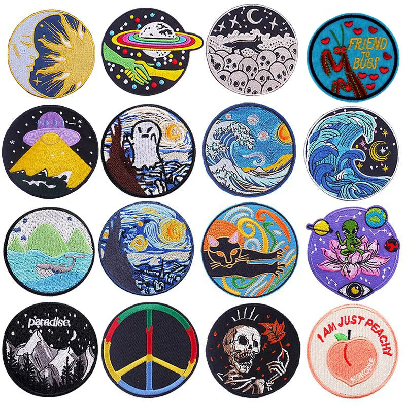 

Van Gogh Patches On Clothes Round Patch Space Wave Embroidered Patches For Clothes DIY Applique Iron On Patch For Clothes Badge