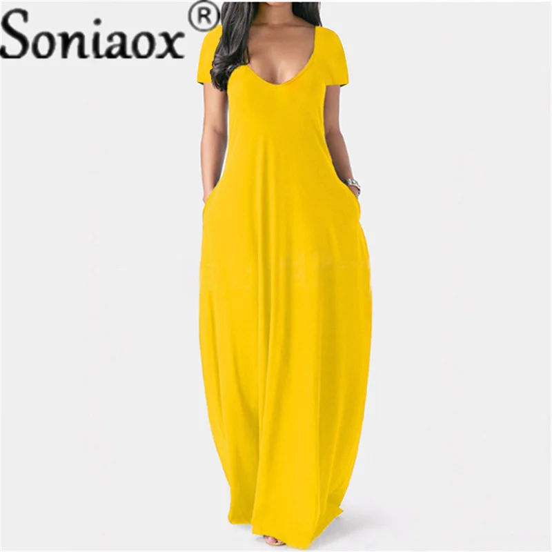

Pocket Solid Long Dress Women Short Sleeve Casual Maxi Dresses Summer Elegant V Neck Beach Dress Ladies Vestidos 2021