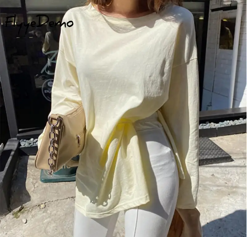 

Женская эластичная футболка с Боковым Разрезом, облегающая Базовая футболка с длинным рукавом, в Корейском стиле