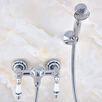 polished chrome brass wall mounted bathroom hand held shower head faucet set mixer tap dual ceramics handles levers mna782