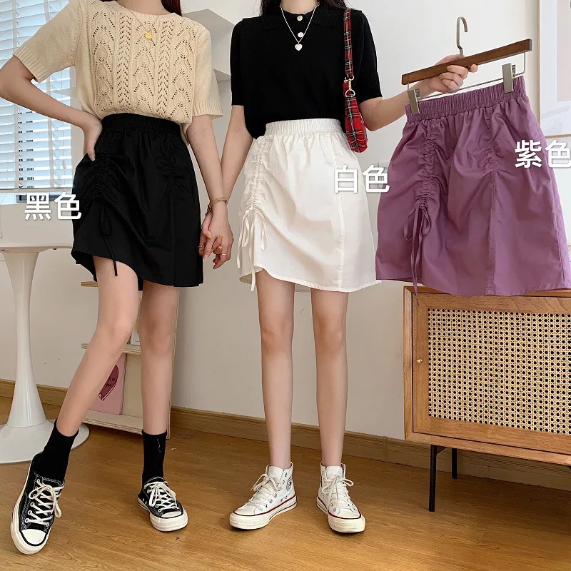 

New Sexy Pleated Fold Drawstring Shows Thin Irregular Solid Color Lace Bandage Casual Double Layer High Waist Skirt