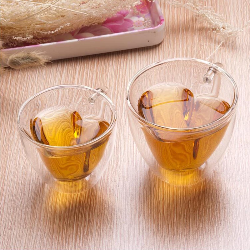 

1PC Heart Love Shaped Glass Mug Couple Cups Double Wall Glass Mug Resistant Tea Beer Mug Milk Lemon Juice Cup Drinkware