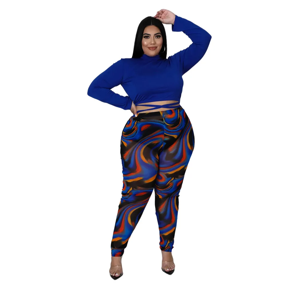 

Adogirl Plus size print lace up two piece set for women mock neck long sleeve crop top pencil pants tracksuit casual outdoor 5XL