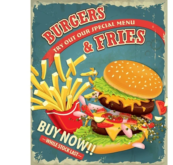 

Burgers & Fries Large Metal Tin Sign Poster Retro Style Wall Plaque