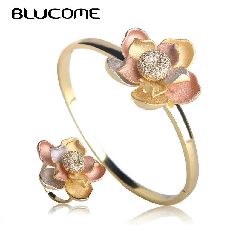 

Blucome Flower Blossom African Bangle Ring Sets Engagement Gifts 3 Tones Cubic Zircon Indian Wedding Jewelry Set For Women Anel