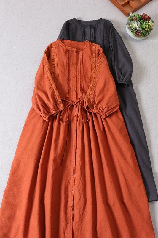 

Japan Style Women'S Solid Color Cotton Linen Dress Loose Embroidered Lace 7-Point Sleeve Long Dress Spring Summer New