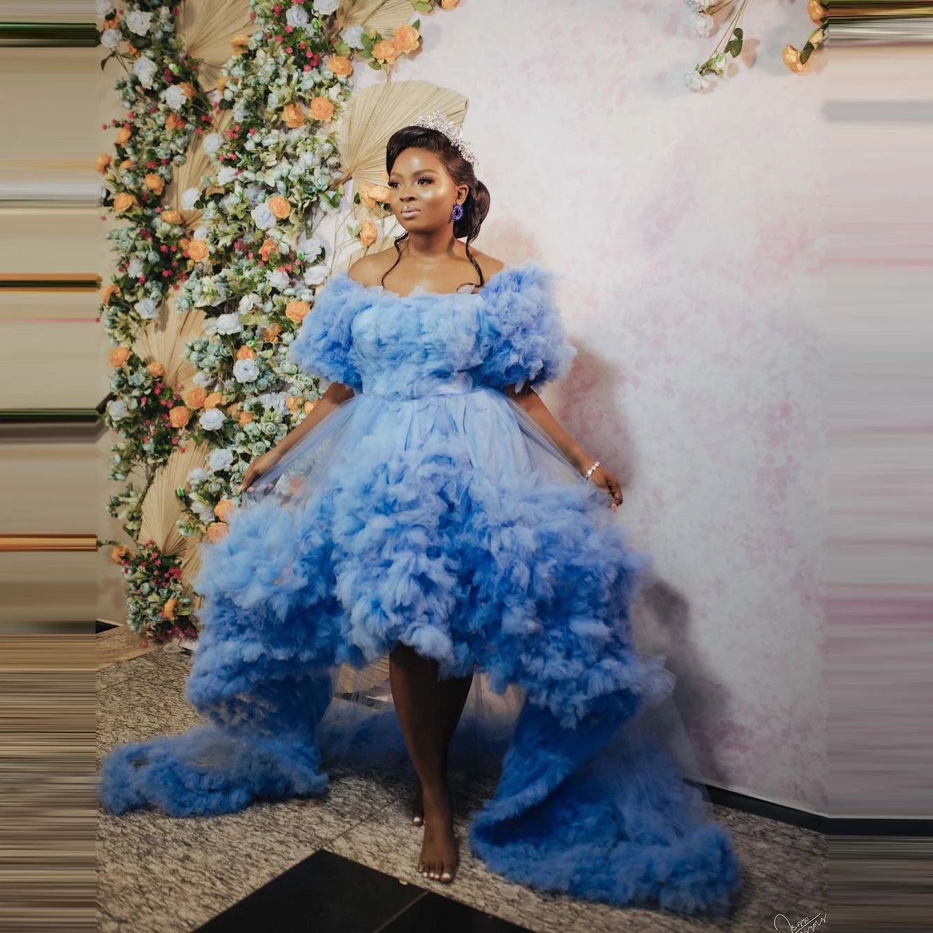 

New Fashion Hi Low Tulle Dresses For Photo Shoot Short Sleeves With Long Train Ruffles Plus Size Women Birthday Party Gown