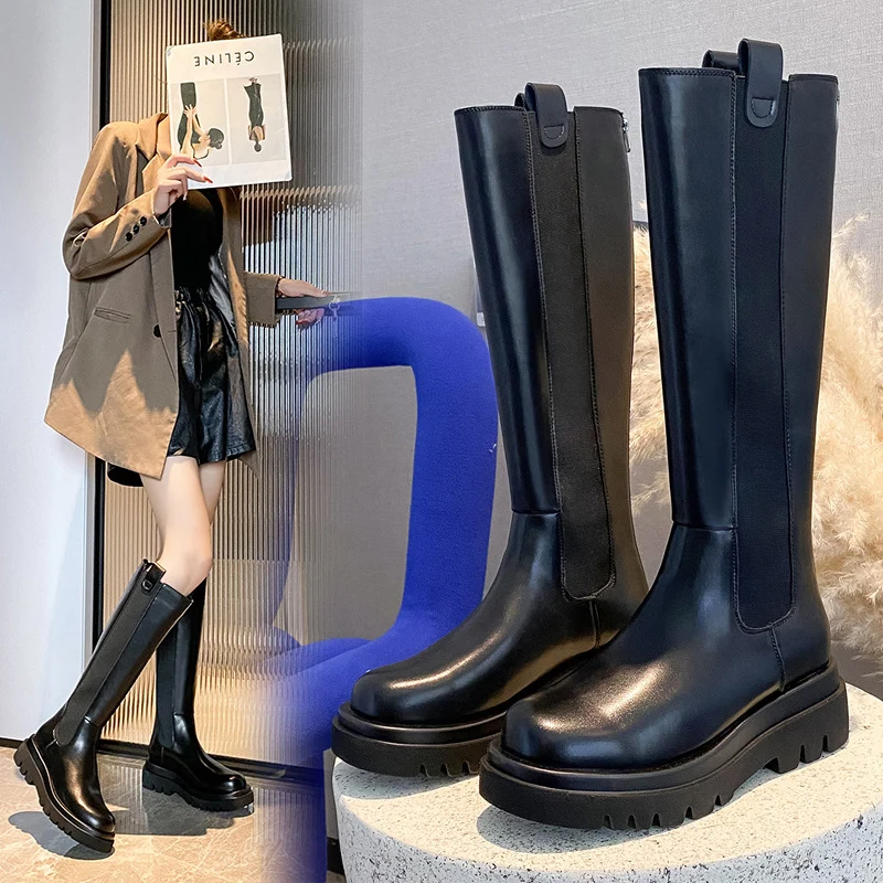 

Winter Platform Chelsea Boots Women Plus Velvet Warm Back Zip Knee-high Boots New Punk Round Toe Motorcycle Boots Platform Shoes