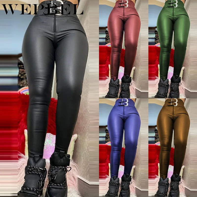 

WEPBEL Women Sexy Skinny PU Leather Pencil Pants with Belt Ladies High Waist Zipper Slim Fit Long Trousers