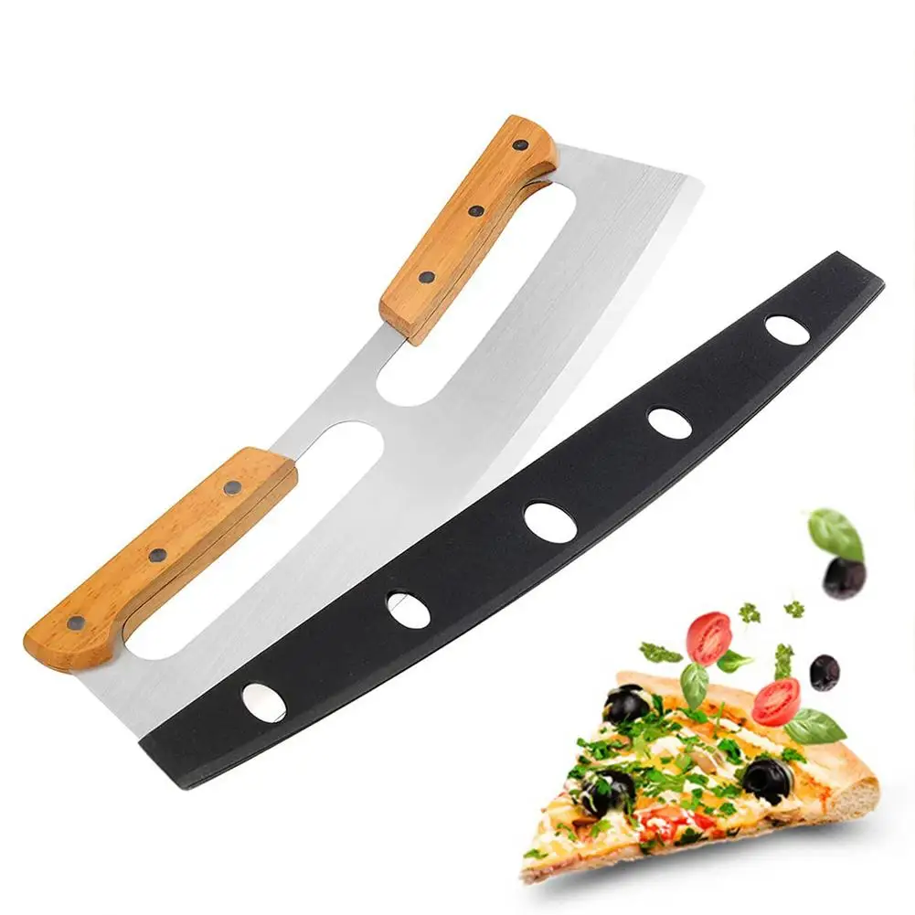 

Pizza Cutter Rocker Stainless Steel With Double Wooden Handle 14 Inch Upgraded Sharp Pizza Slicer Knife Chopper With Blade Cover
