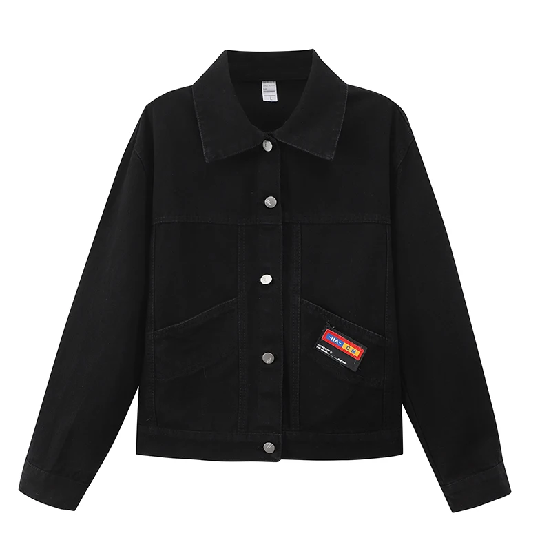 

Punk Streetwear Plus Size Black Denim Jackets Women Vogue Cartoon Patchwork Turn Down Collar Loose Casual Jeans Coats BF Style