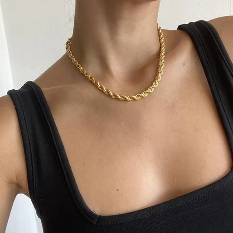 

Punk Women Rope Chain Necklace, Gold Color Twisted Stainless Steel Choker, 2021 Vintage Rock Chic Minimalist Party Neck Jewelry