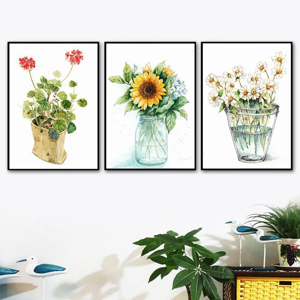 Sunflower Daisy Nordic Style Art Flowers Green Potted Plant Painting living Room Wall Canvas Print Nord Home Decor Sacred Simple | Дом и сад