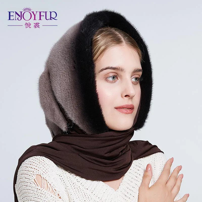 Женская шапка бини ENJOYFUR, элегантная шапка из натурального меха норки с шарфом на зиму - Цвет: M36