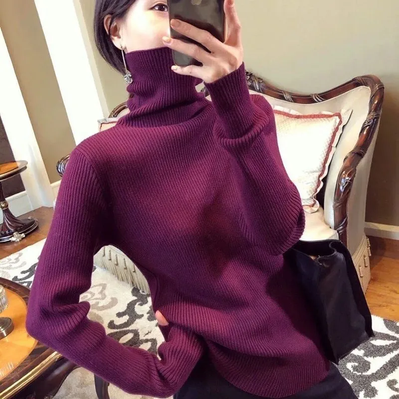 

Pullover Knitted Sweater Autumn Winter Clothes Women 2021 New High Neck Long Sleeve Elasticity Slim Basic Sweaters Tops Female