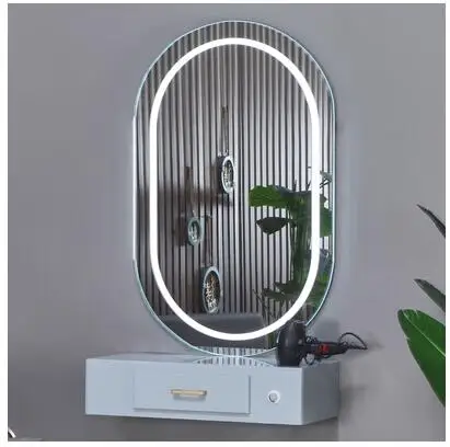 

Barber shop mirror table net red mirror with light simple hair salon mirror European solid wood mirror table wall-mounted mirror