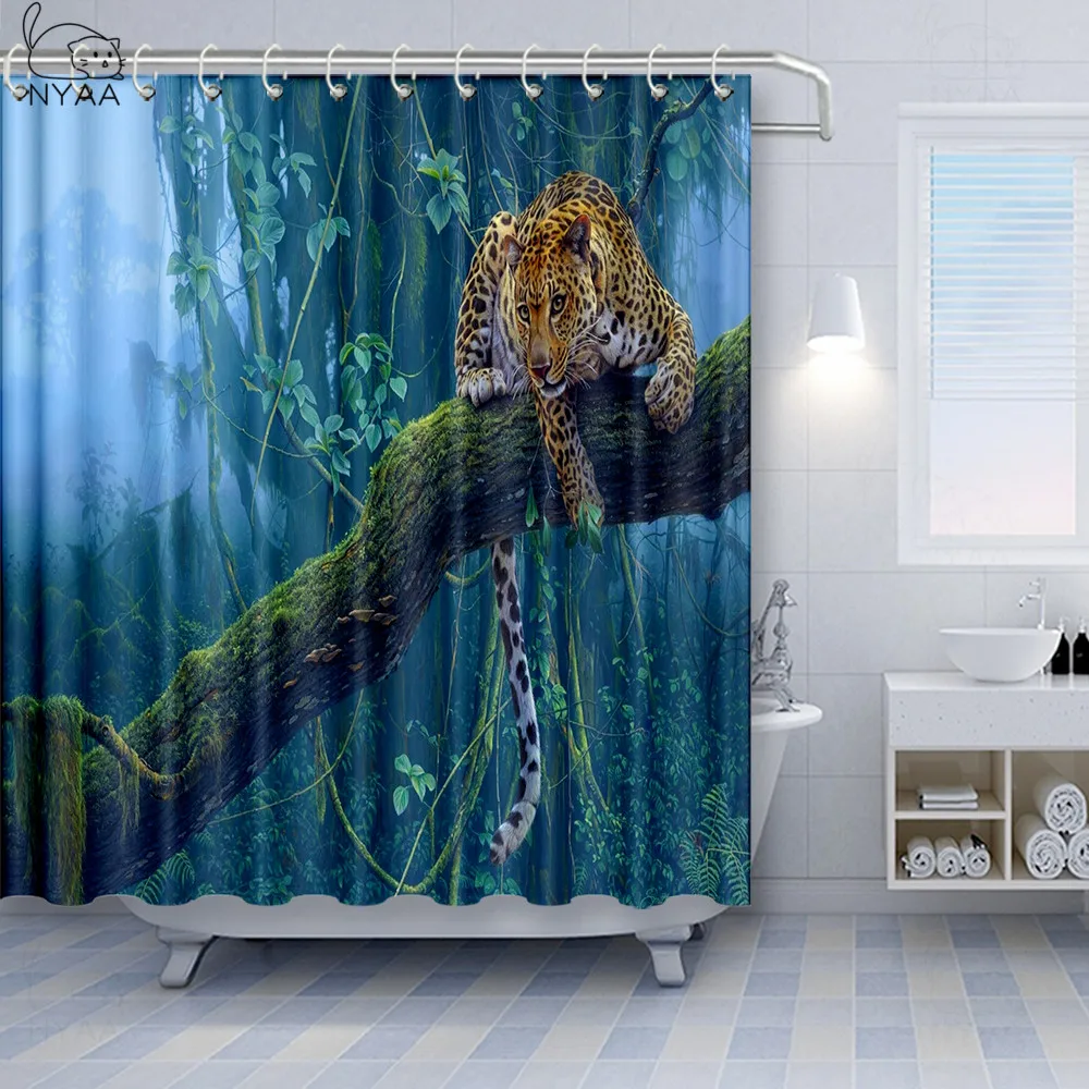 

Tropical Jungle Landscape Shower Curtains Bathroom Decor Wild Animal Deer Parrot Toucan Leopard Home Bathtub Polyester Curtain