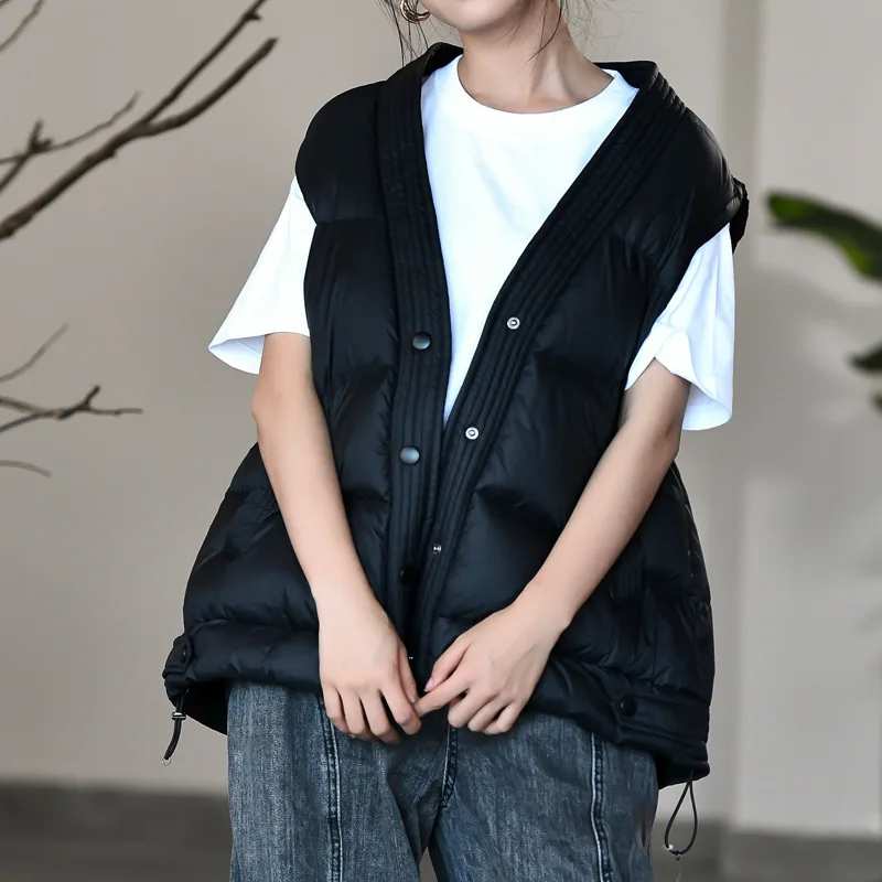 

White V-neck 90% Thin Jacket Duck Down Vest for Sleeveless Covered Button Women Coats and Jackets Winter