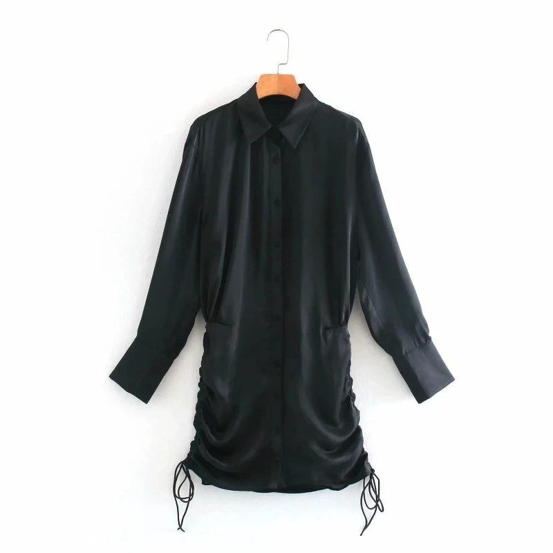 

Women Drawstring Decoration Black Satin Slim Mini Dress Female Long Sleeve Clothes Casual Lady Vestido D6917
