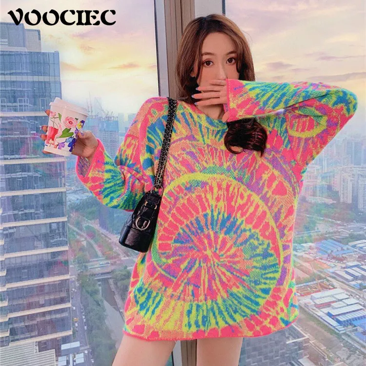 

VOOCIEC 2020 Superior Quality Autumn Harajuku High Street College style Swirling rainbow knitwear top Color sweater