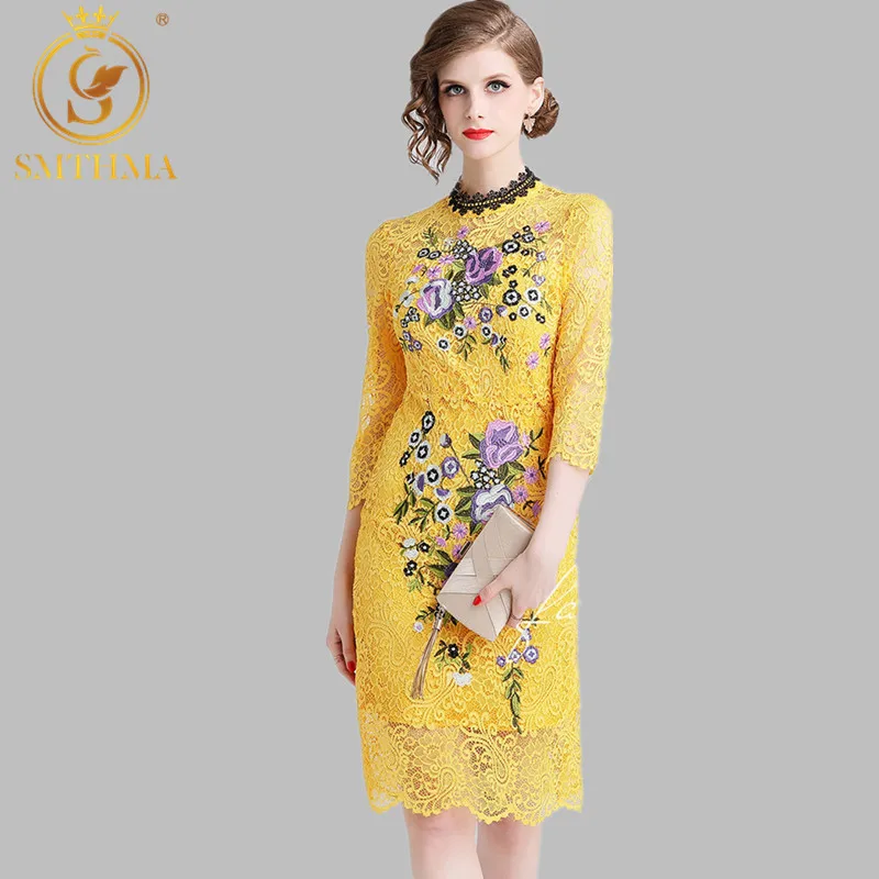 Женское кружевное платье SMTHMA желтое элегантное облегающее офисное с цветочной