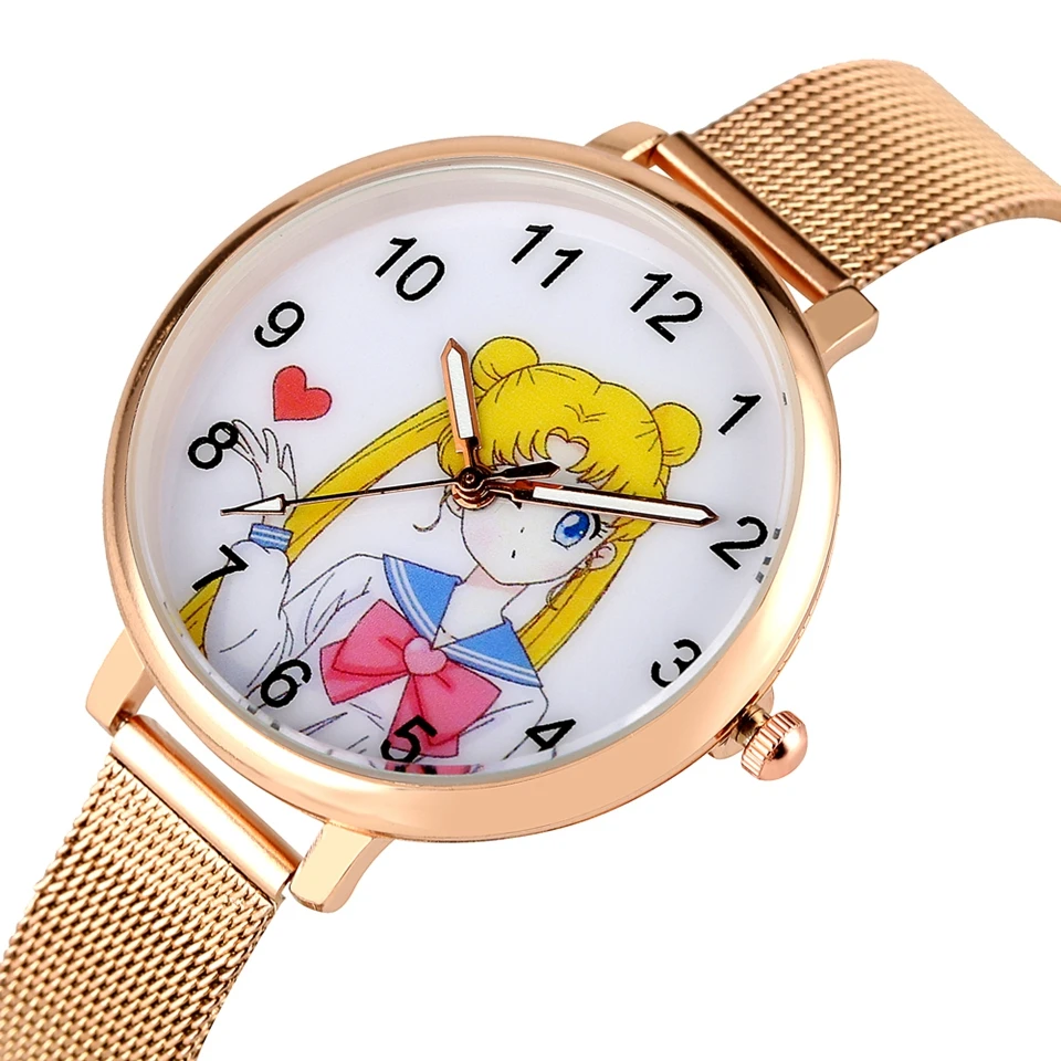 Часы-браслет для девочек Sailor Moon, розовое золото, сетчатый ремешок, кварцевые женские часы, женские часы, часы, подарки, Relogio Feminino