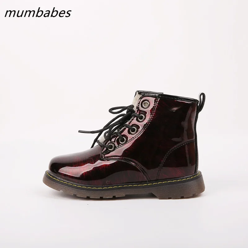

Mumbabes Patent Leather Boots for Girls Autumn Winter Martin Boots Boys Waterproof Plus Velvet Warm Shoes Children's Snow Boots