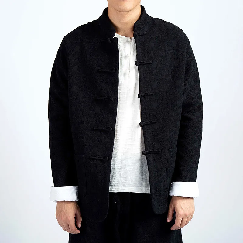 

Autumn and Winter New Men Long-Sleeved Coat Single-Breasted Stand Collar Jacket High Quality Jacquard Retro Outerwear Male Top