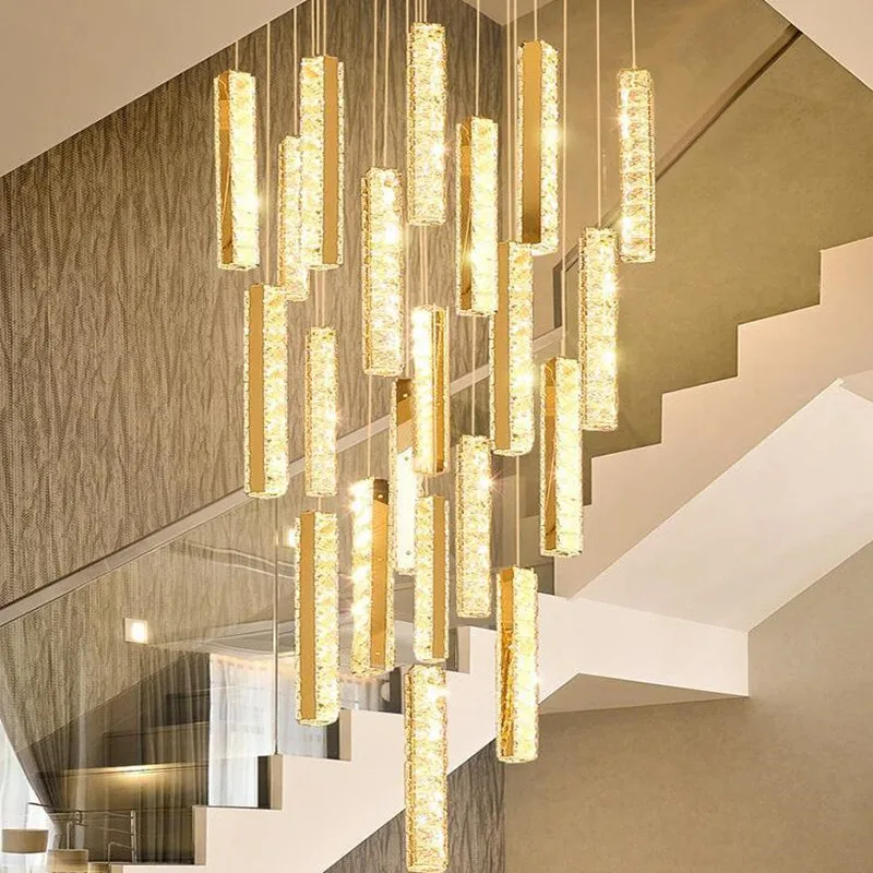 vender Luxo Moderno Ouro Prata Led Lustre De Cristal Duplex Nordic Edifício Espiral Escada Lustre Sala Jantar Arte