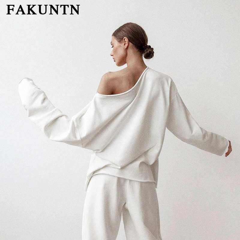 저렴한 FAKUNTN 여성 세트 섹시한 정장 여성 의류 2021 가을 겨울 새로운 라운지웨어 O 넥 스웨터와 바지 투피스 세트 복장