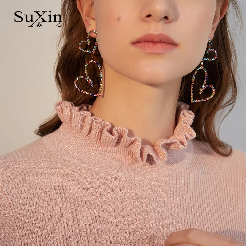 Suxin серьги 2020 новый темперамент полые Двойные сердца для женщин Длинные любовь