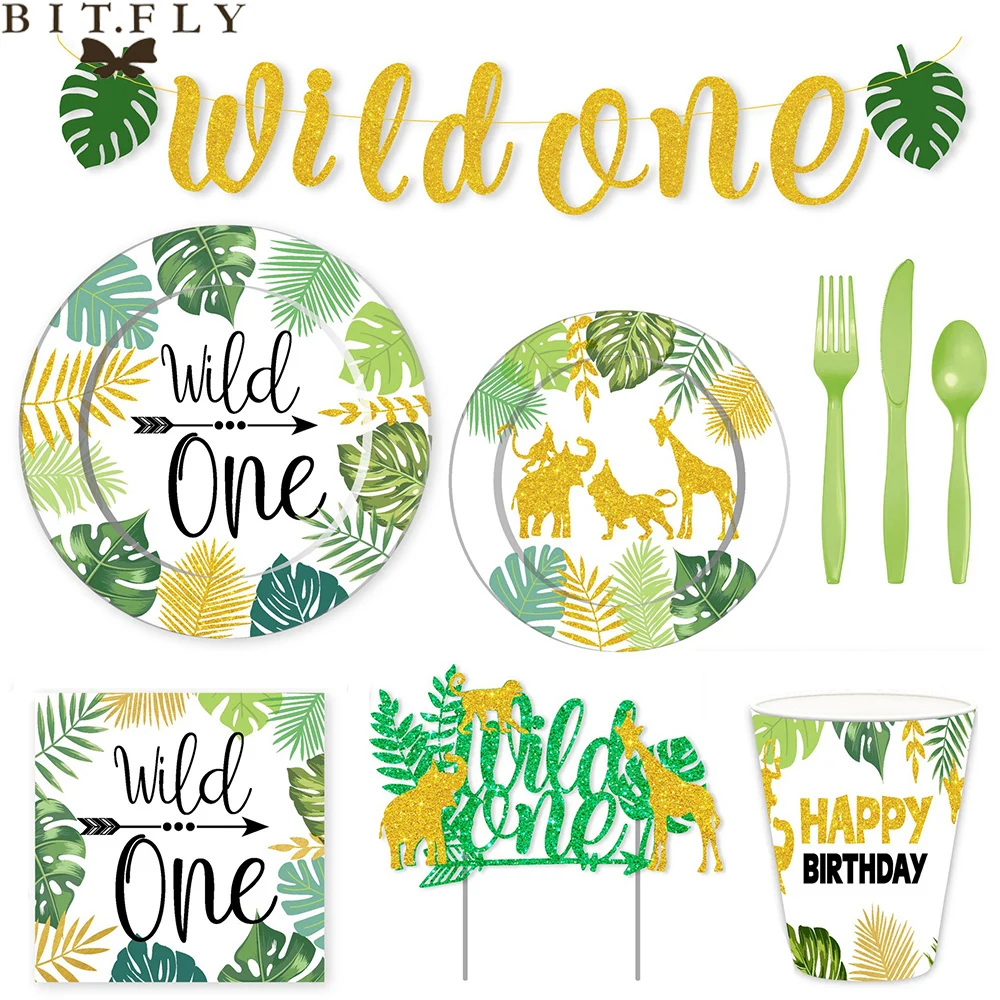 

114 шт. и надписью «Wild One» одноразовая посуда День рождения Декор Baby Shower Бумага тарелки салфетки чашки джунгли для вечеринки в стиле сафари ра...
