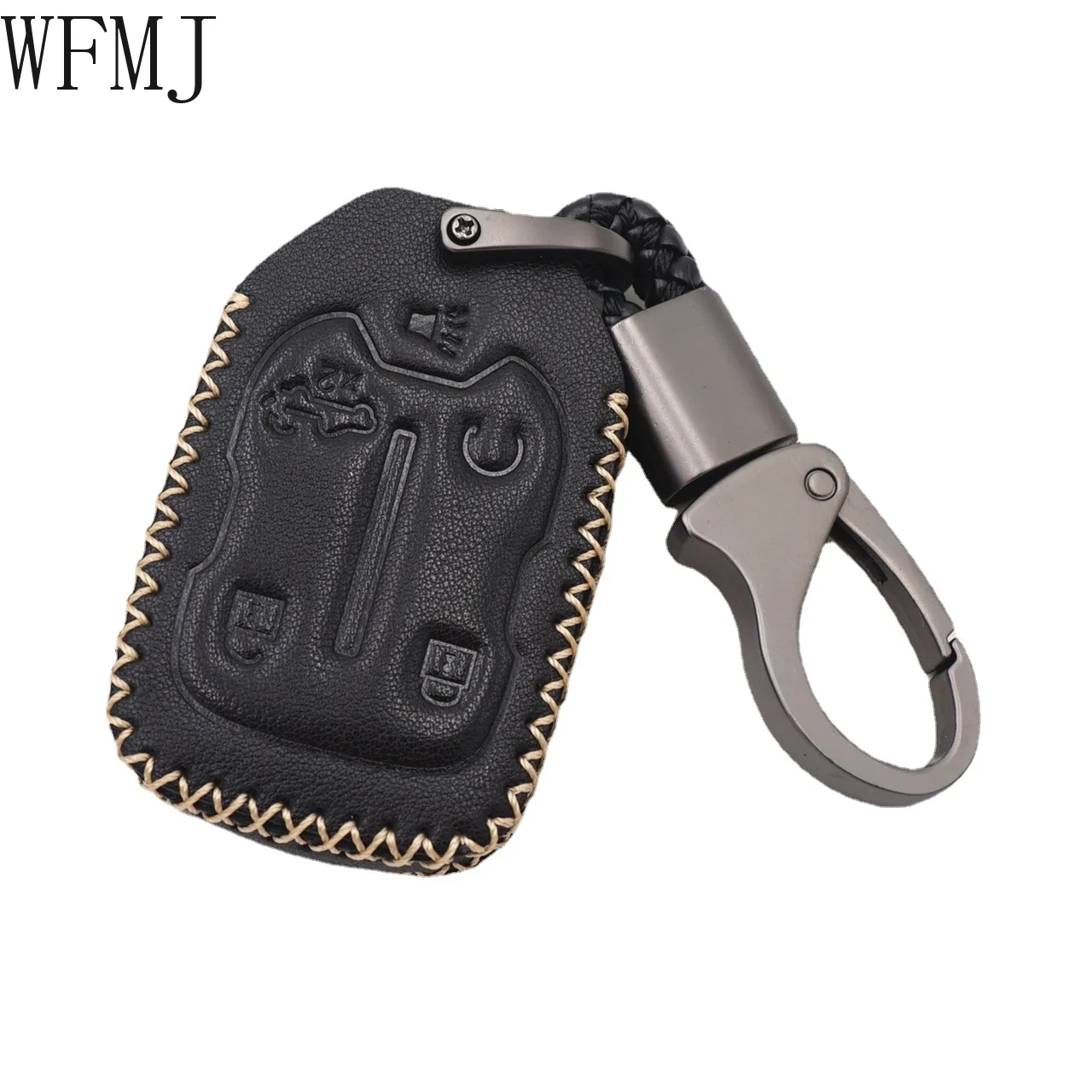 WFMJ Black Leather for 2021 2020 2019 Chevy Silverado GMC Sierra 1500 2500HD 3500HD Smart 5 Buttons Key Fob Cover Case Chain