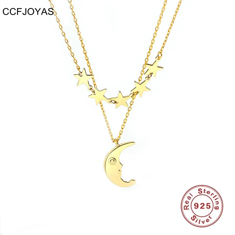

CCFJOYAS 925 Sterling Silver Star Moon Clavicle Double Layer Necklace for Women Simple INS Light Luxury Pendant Necklace Jewelry