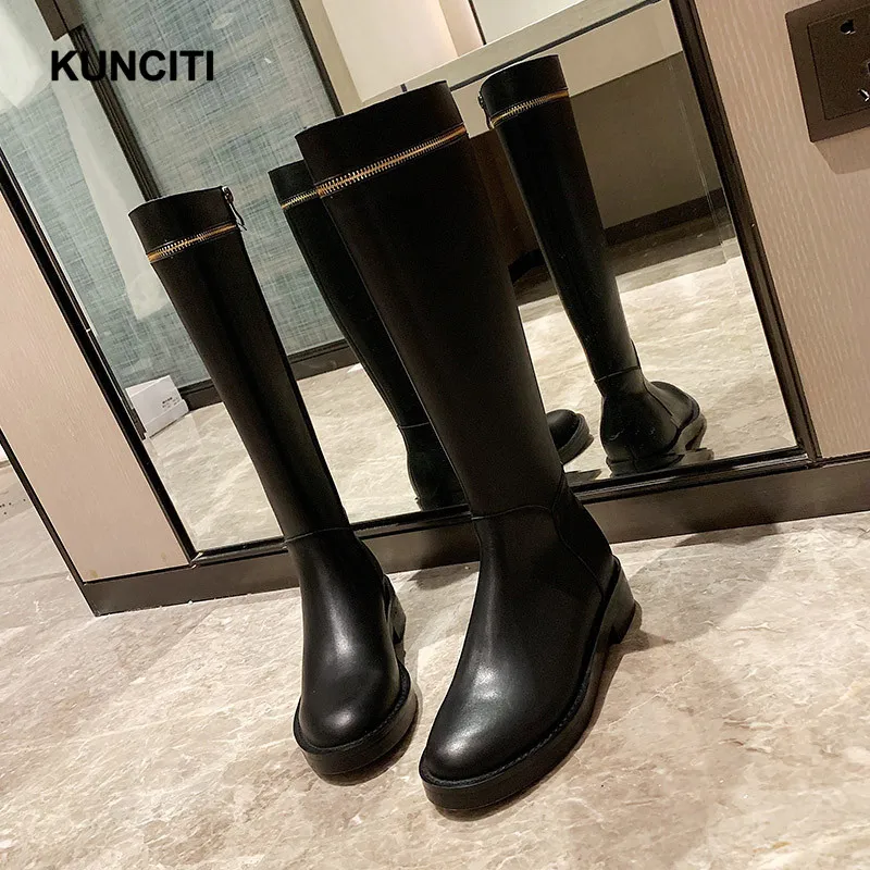 KUNCITI/; женские зимние сапоги до колена; сапоги на квадратном каблуке; ботинки в байкерском стиле; женская обувь на молнии; высококачественные высокие сапоги; B912