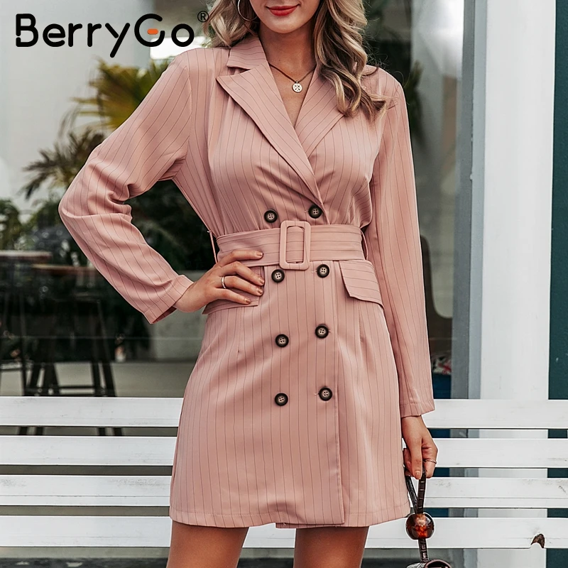 BerryGo элегантное Полосатое женское платье-Блейзер Осень-зима двубортное платье